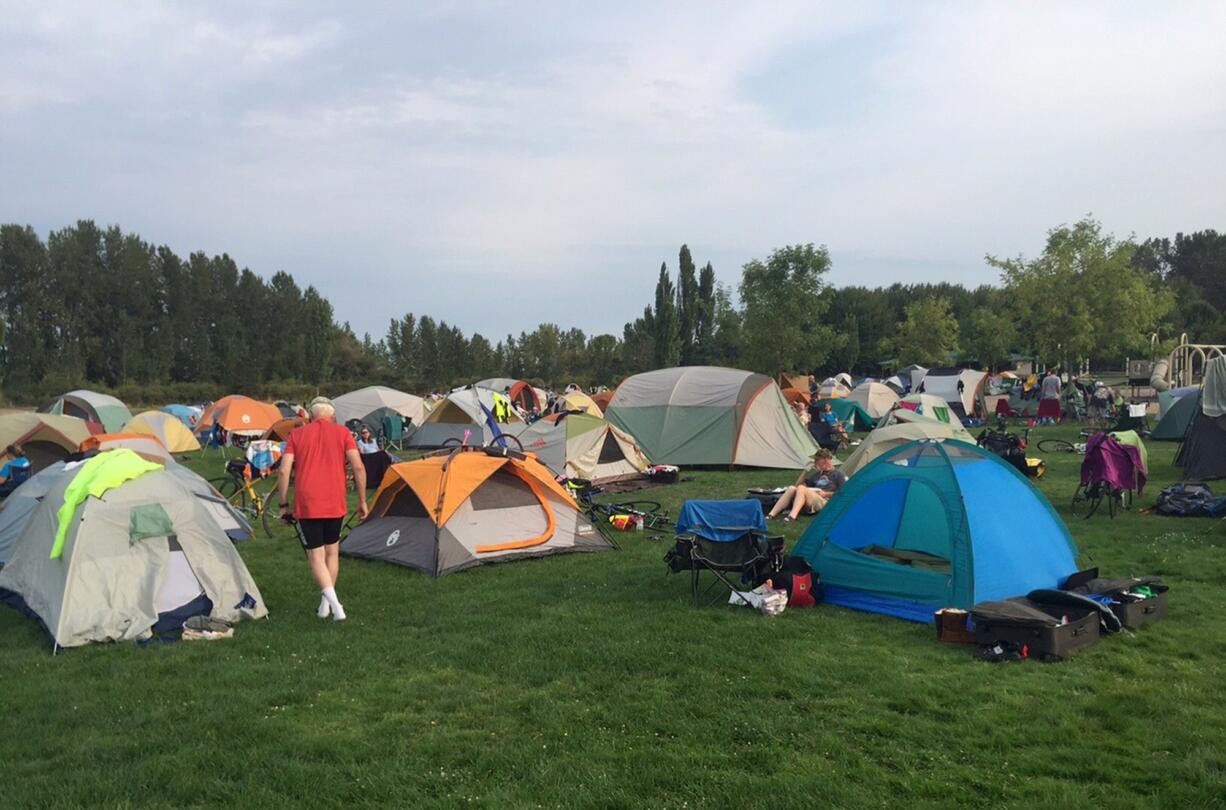 Fruit Valley: Some 250 bicyclists on the Ride Around Washington pitched tents Aug.