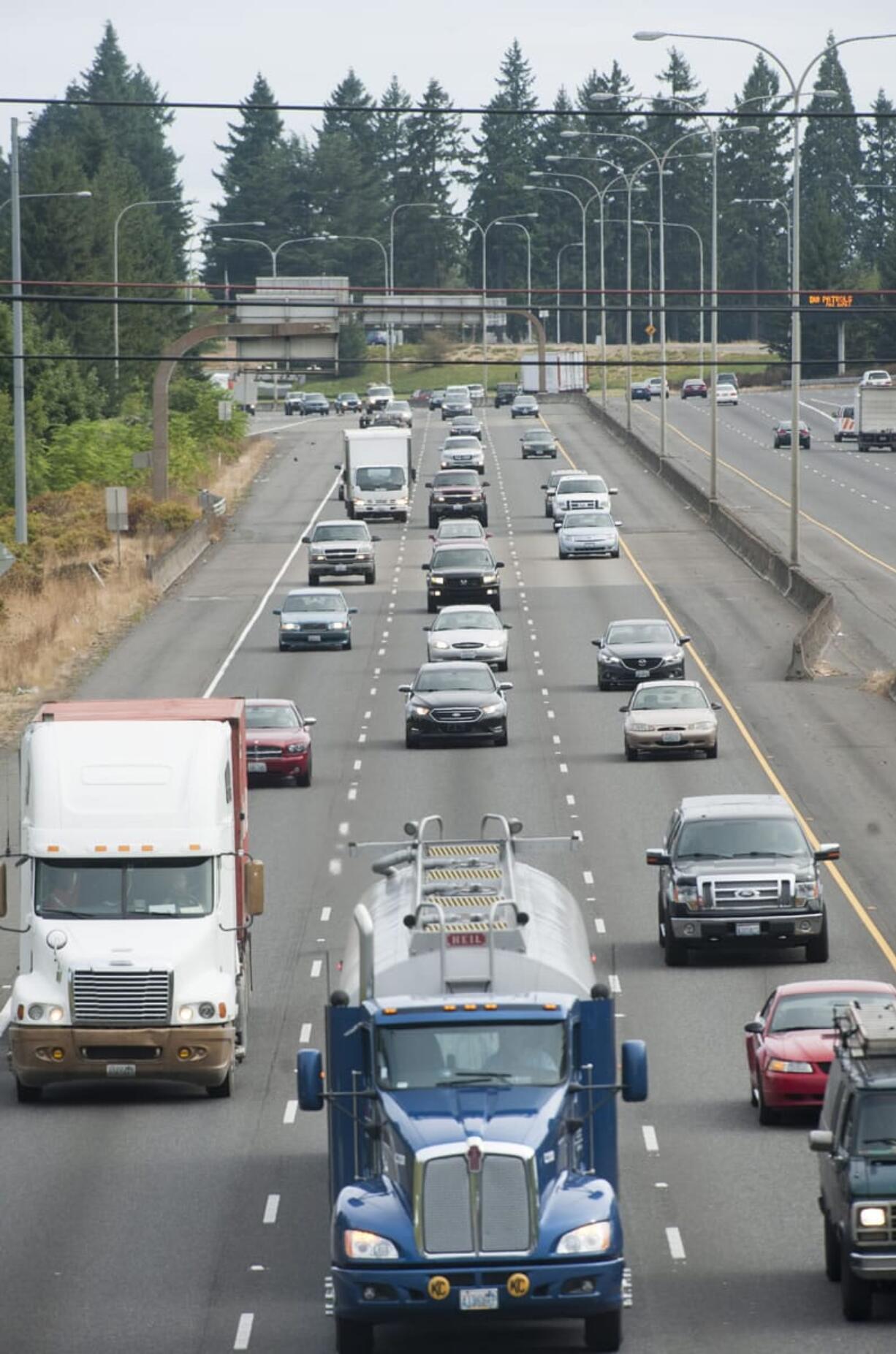 Traffic is seen along the I-5 in Vancouver Friday August 28, 2015. WSDOT says it has seen a 9 percent increase in truck volumes on Vancouver freeways so far this year.