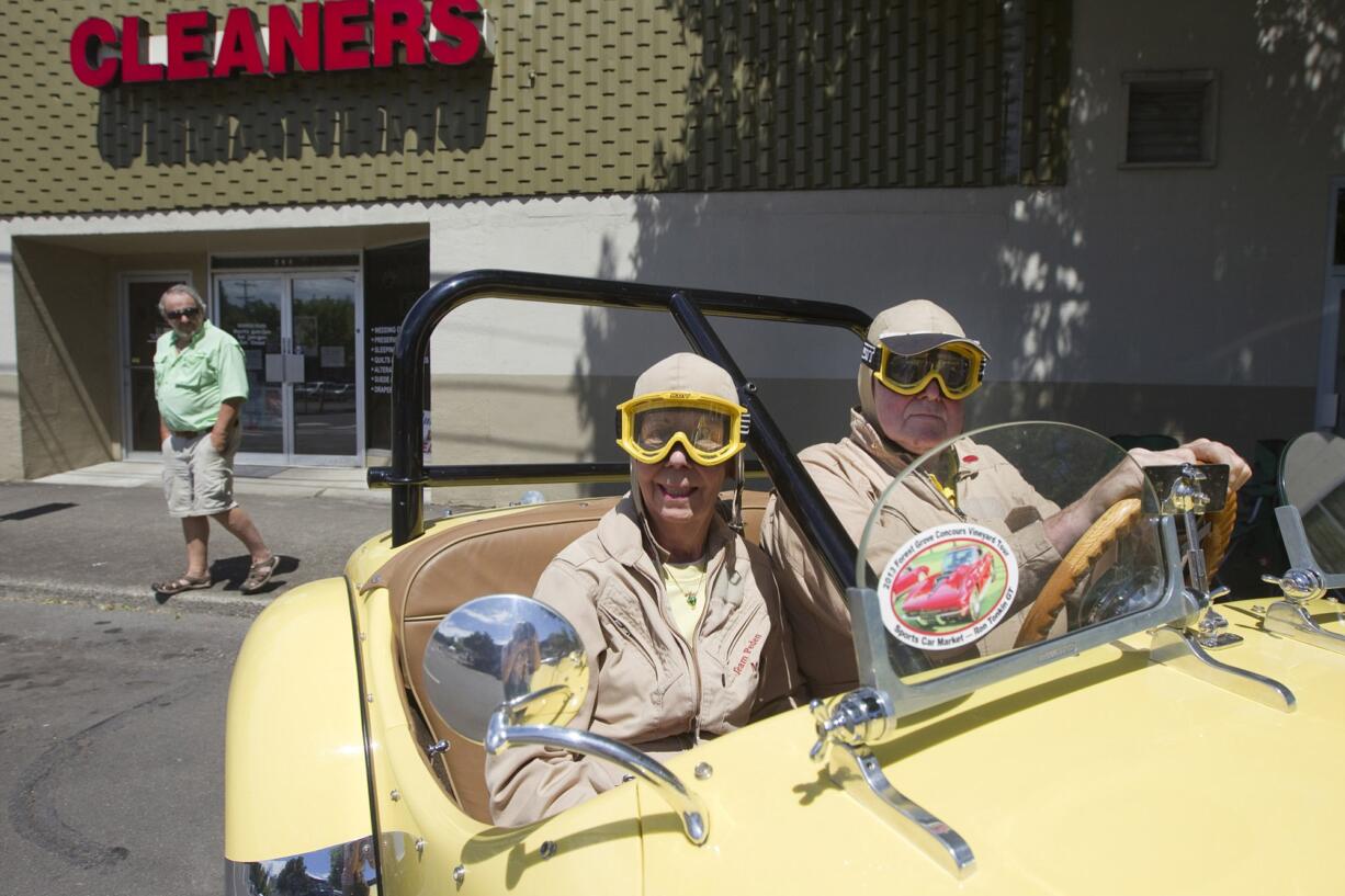 Bill and Mary Jane &quot;M.J.&quot; Peden from Hockinson arrive in their 1951 Allard K-2 at the 9th Annual Camas Car Show in downtown Camas on Saturday.