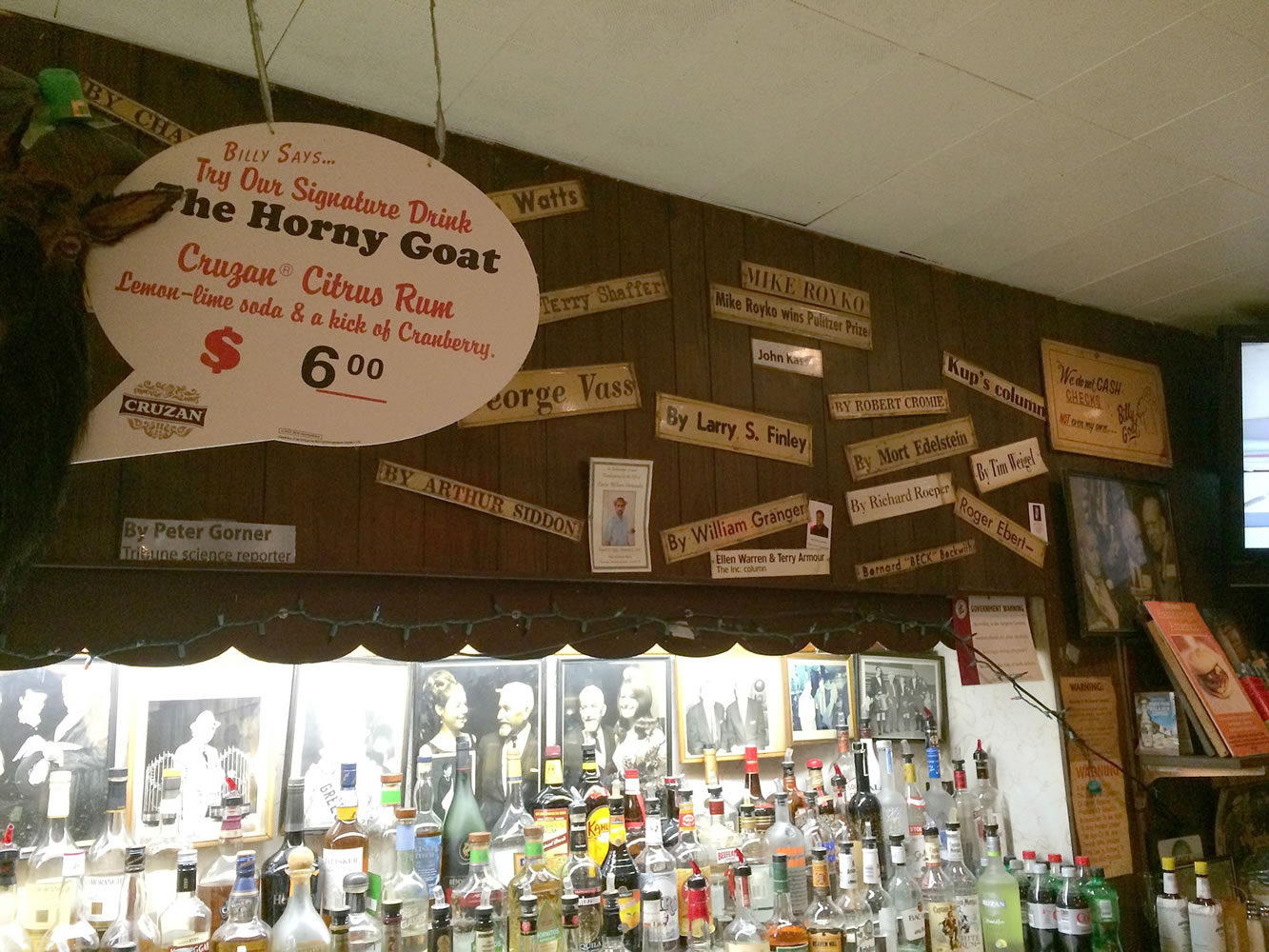 The interior back bar area of the Billy Goat Tavern.