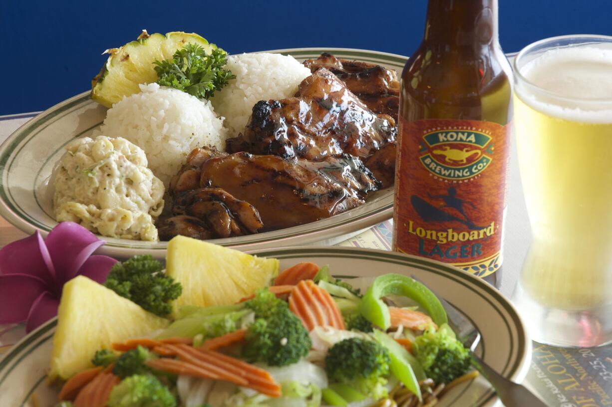 Char-grilled teriyaki chicken and the yakisoba noodles with vegetables are served June 23 at Patrick's Hawaiian Cafe in Vancouver.