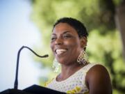 Professor Debra Jenkins, tenured faculty at Clark College, spoke about racial tension at Saturday's Juneteenth event at Marshall Community Park.