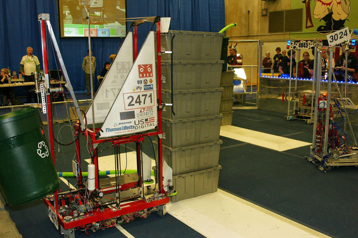 Camas: Team 2471, made up of students from Camas, Washougal and Hockinson high schools, competed in the recent Oregon City robotics district competition with their robot, Toto Stackins.