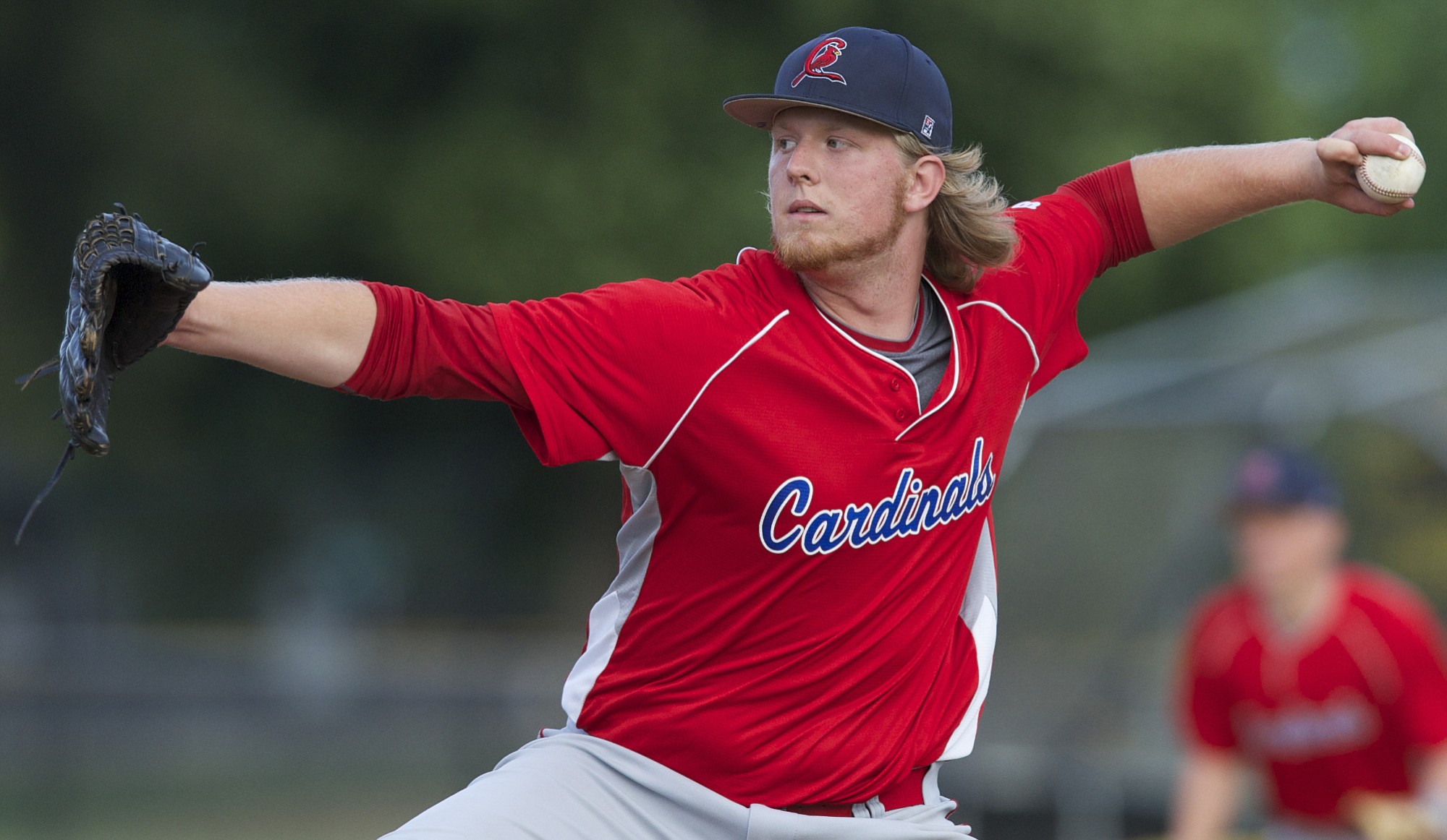 Vancouver Cardinals starting pitcher Austin Greene throws in the first round of the 10th Annual Curt Daniels Invitational Baseball Tournament at Propstra Stadium, Thursday.