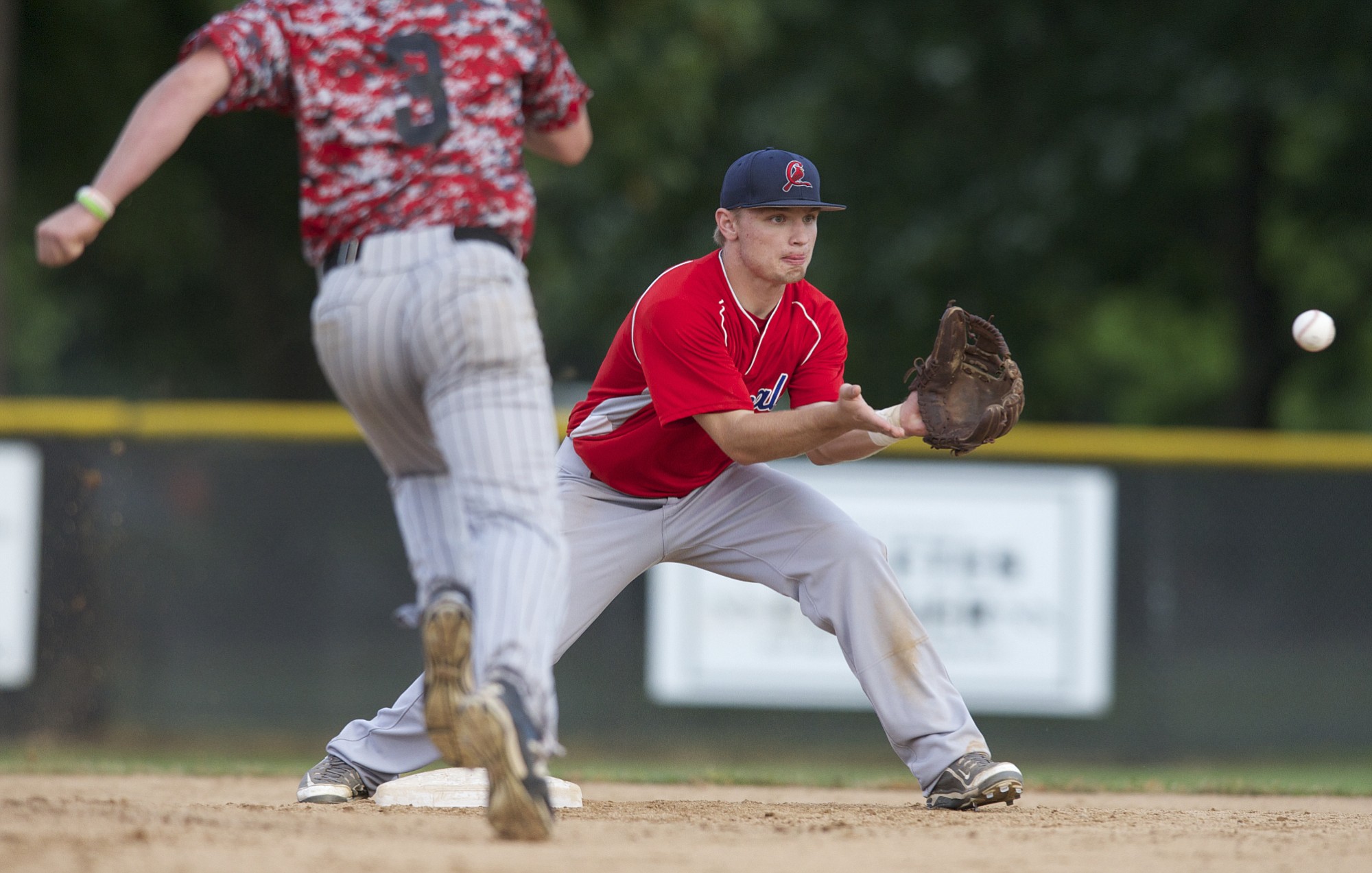 Vancouver Cardinals Jay Becker gets the force out at second in the first round of the 10th Annual Curt Daniels Invitational Baseball Tournament at Propstra Stadium, Thursday.