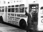 Clark County Historical Museum
Emmet J. Onslow, director of the tourist and convention committee of the Greater Vancouver Chamber of Commerce, boards a city bus encouraging organizations to bring their convention to the city in 1963. The chamber is celebrating its 125th birthday this year.