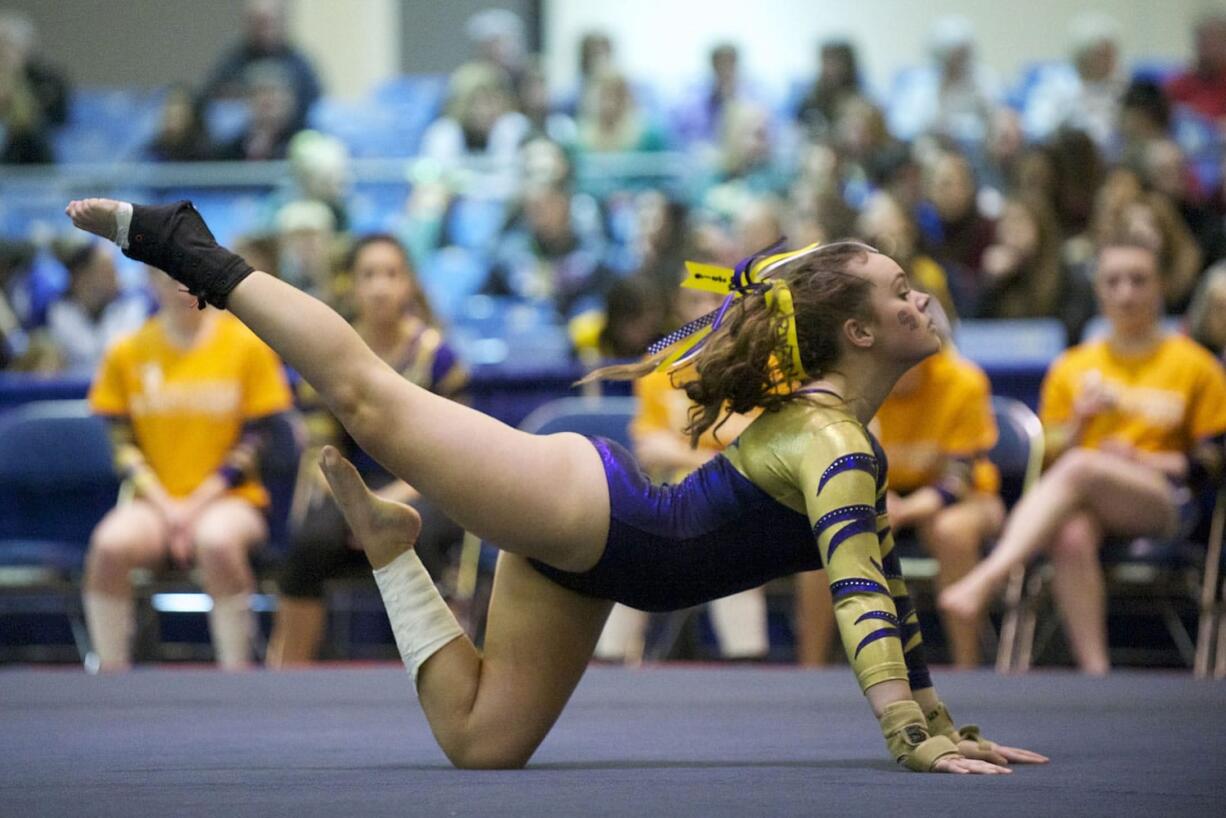 Columbia River's Kenzie Moxley, competing on the floor excercise, helped the Chieftains to a fifth place finish last year at the state gymnastics meet in Tacoma.