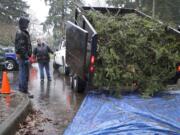 Colleen Neel of the Central Park neighborhood, back center, dumps a load of tree clippings onto a tarp, while Darrel England of Rose Village, left, watches on Jan. 17.