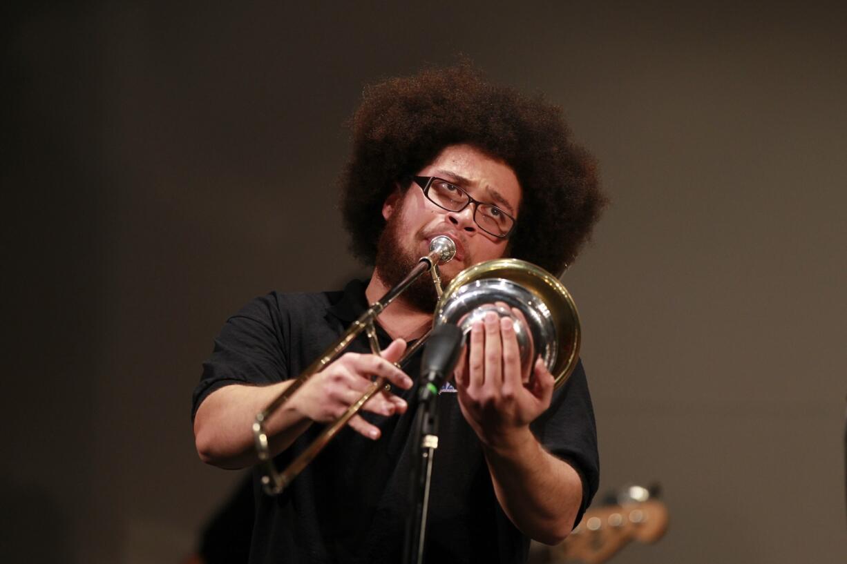 James Powers plays a trombone solo for the Clark College Jazz Ensemble at the college's annual jazz festival on Saturday.