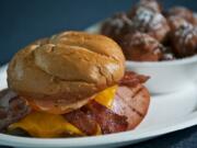 The Flat Liner burger and apple fritters at Burger Bungalow in Vancouver.