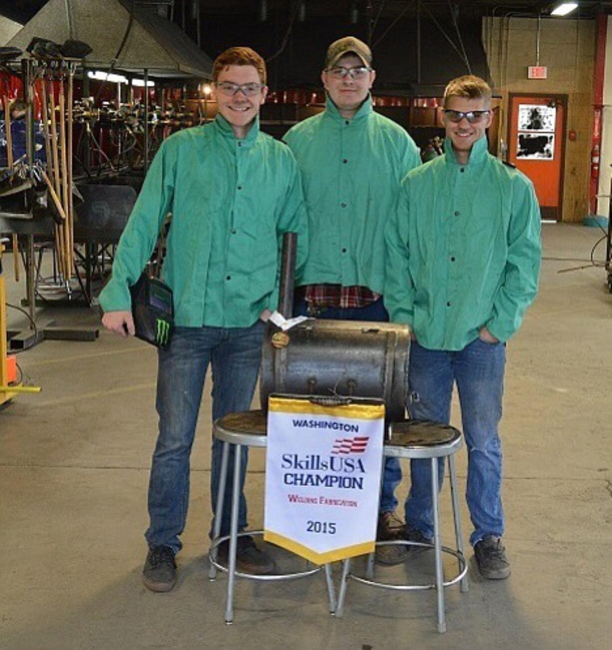 Battle Ground: Battle Ground High School welding team members Wyatt MacAdam, from left, Jack Fidura and Cody Halme after winning the Washington state title.