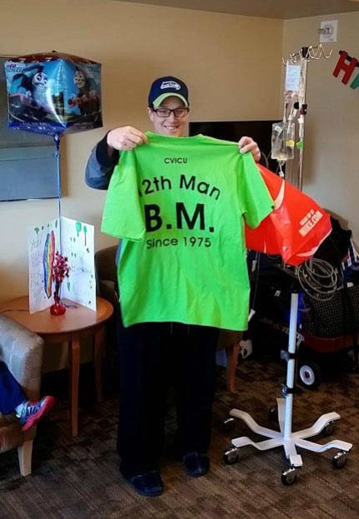 Ridgefield: Bob Meek celebrated his 40th birthday, in March, at Oregon Health and Sciences University Hospital, where staff presented him with this Seahawks shirt.