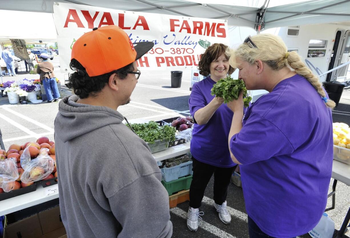 Organizers Dawn Hartwell, center, and Tracey Carlson, right, check out some cilantro at Margarito Ayala's stall Saturday at the Market at Vancouver Mall.