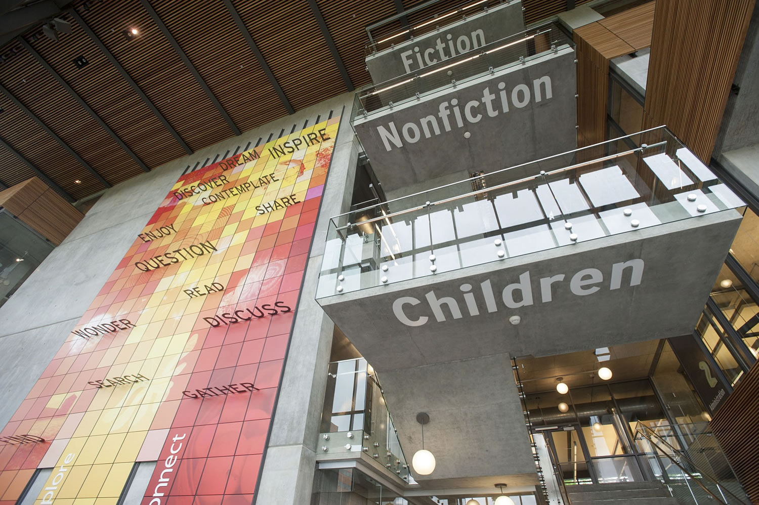 Categories of books are seen printed on the stairwell Tuesday at the public library in Vancouver.