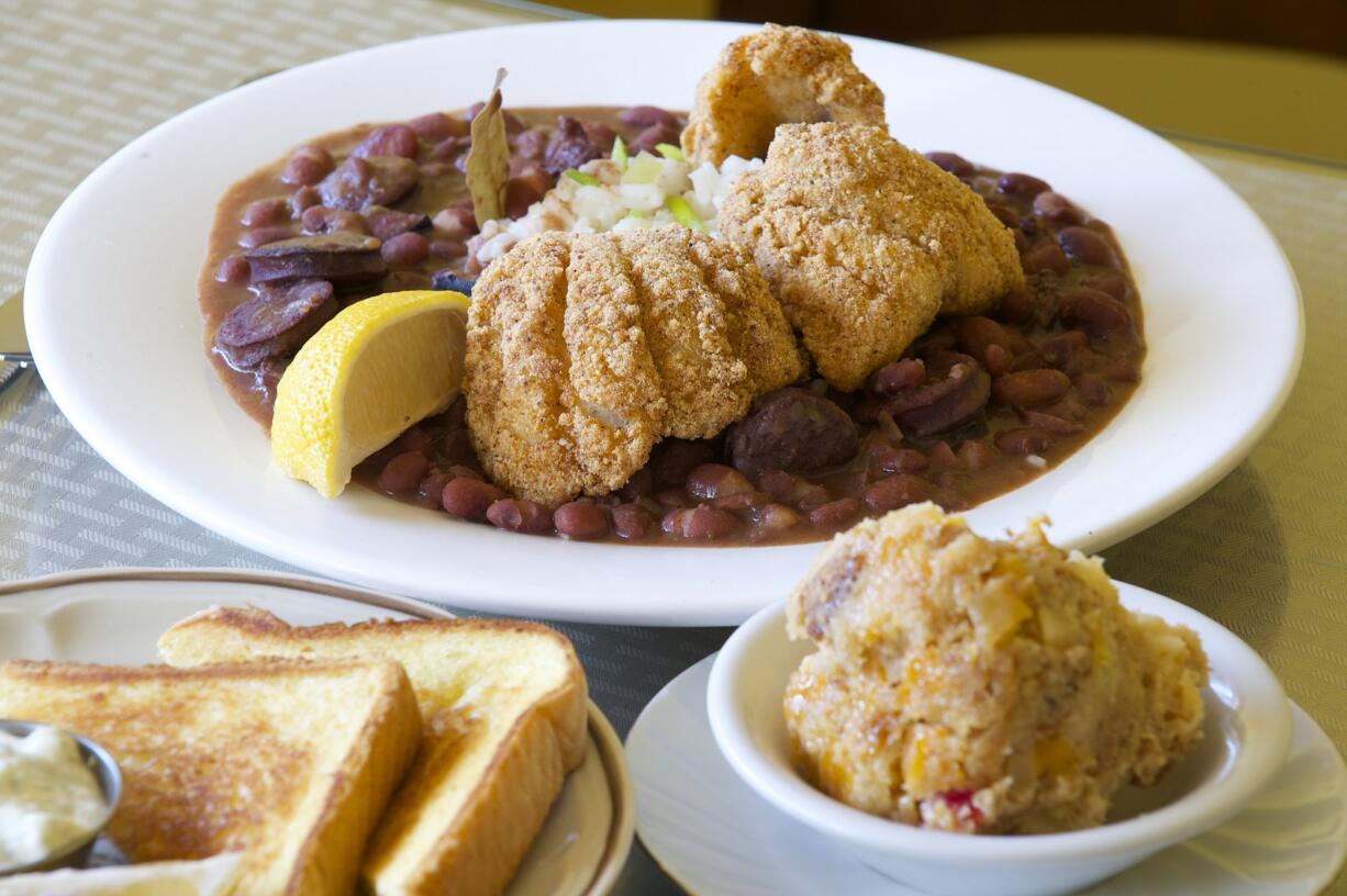 Fried catfish and red beans and rice with bread pudding at Mama's Kitchen in Vancouver.