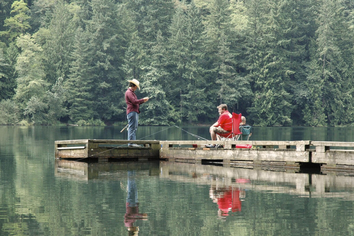 A group of anglers tried their luck for trout this week on the aging dock at Battle Ground Lake State Park.