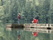 A group of anglers tried their luck for trout this week on the aging dock at Battle Ground Lake State Park.