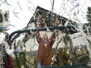 Bryan Miller removes Christmas lights from his yard in La Center last week.