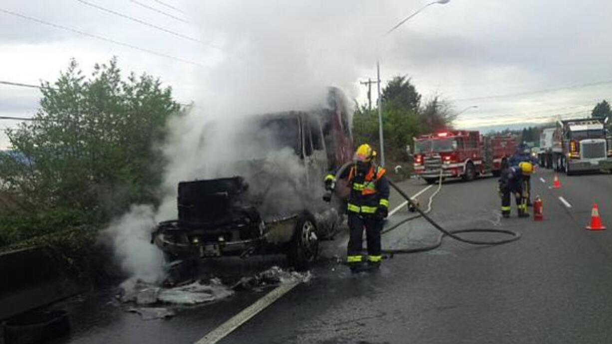 A truck-tractor caught fire on state Highway 14 Thursday.