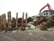 Photos by STEVEN LANE/The Columbian
Piles made from Douglas firs stand sentry on the shore of the Columbia River near Tidewater Cove condominiums, where crews are rebuilding the slope and a portion of the Waterfront Renaissance Trail damaged by high waters in 2011. Top: Keystone Contracting of Ridgefield, which repaired the first damaged section of the trail, successfully submitted the lowest bid for the second damaged section.