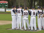 Players assemble before the home run derby starts at Louis Bloch Park in Camas on Saturday.