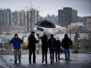 The cast and crew of &quot;Black Eyed Kids&quot; film near the east side of the Hawthorne bridge in Portland.