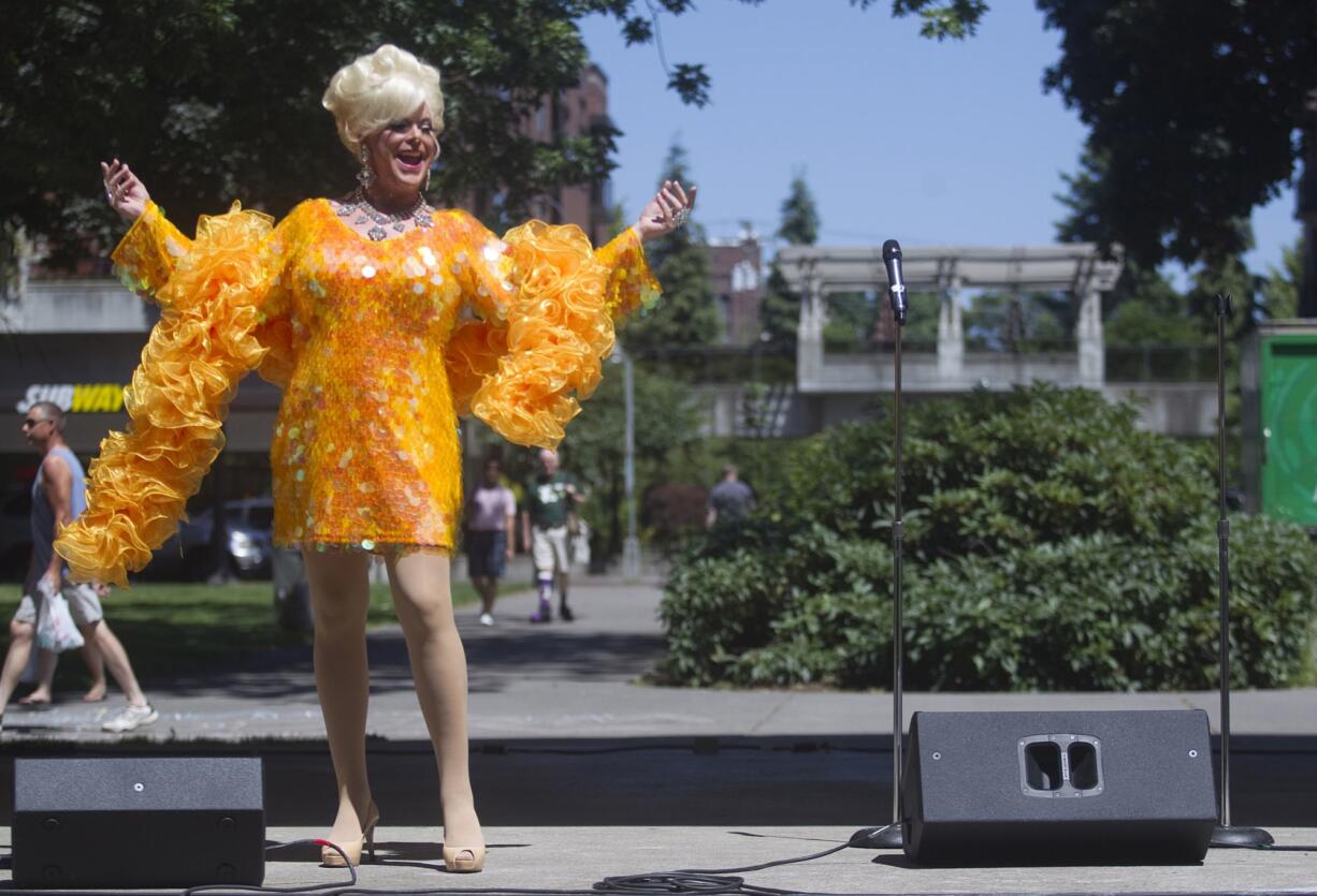 Vanessa Vail Peters Lake performs at the 20th annual pride celebration at Esther Short Park in Vancouver on Saturday afternoon.