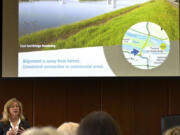 Linda Figg, president and CEO of FIGG Engineering Group, gives her pitch to build an east county bridge over the Columbia River at a presentation in late July at the Clark County Public Services Center in downtown Vancouver.