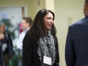 Alishia Topper chats with Steve Webb, superintendent of Vancouver Public Schools, at the Faith-Based &amp; School Gathering at Northside Baptist Church on Nov. 3.