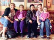In a photo taken in May to celebrate Mother's Day, Shannon DeVito, 53, of Vancouver, left, is pictured with family members in a five-generation photo. Others, left to right, include DeVito's mother, Juanita Houston, 72, Tacoma; her grandmother, Betty Barnes, 90, Tacoma; her daughter, Elizabeth Johnson, 33, Vancouver; and her granddaughter, Dahlia Johnson, 2, Vancouver.
