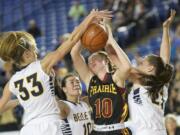 Lindsay Asplund drives to the basket as Prairie looses to Bellevue 51-39 at the 2015 WIAA Hardwood Classic 3A Girls tournament at the Tacoma Dome, Thursday, March 5, 2015.