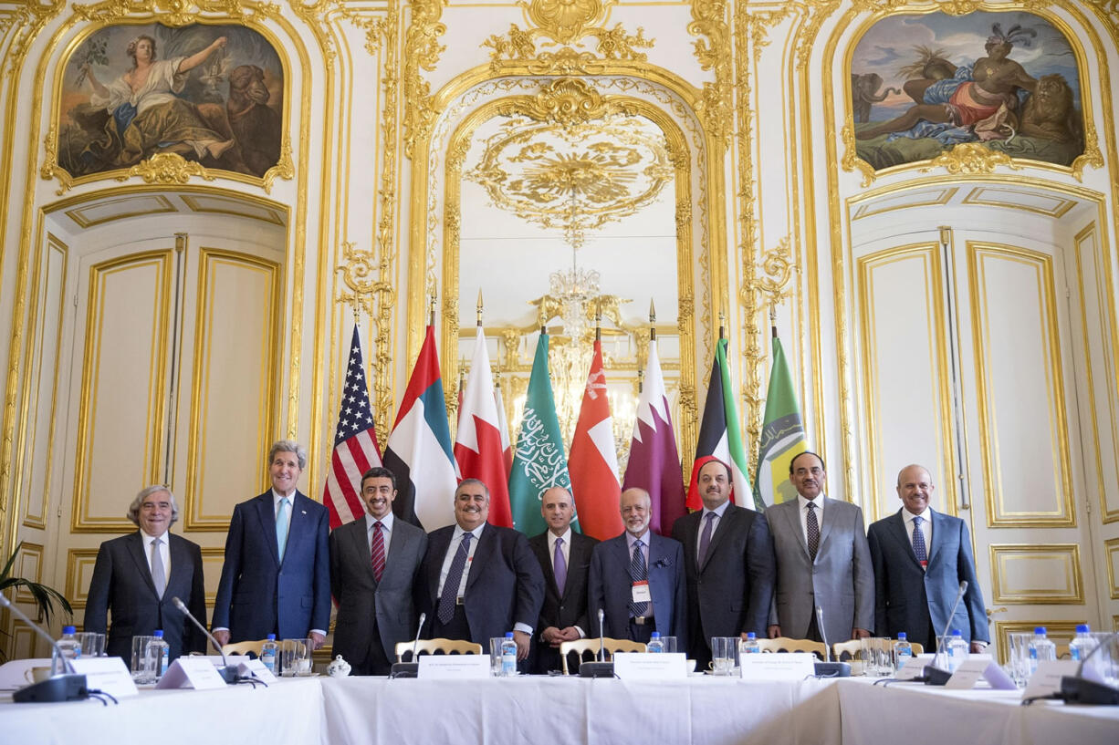 Secretary of State John Kerry and Foreign Ministers of the Gulf Cooperation Council pose for photographers at the Chief of Mission Residence in Paris, France, to discuss Middle East concerns about an emerging nuclear deal with Iran.