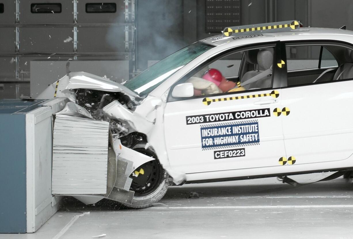 This undated photo provided by the Insurance Institute for Highway Safety shows a crash test of a 2003 Toyota Corolla, one of the models subject to a recall to repair faulty air bags.