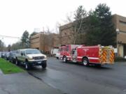 A Vancouver fire engine stands in front of the Clark County Jail Friday morning.