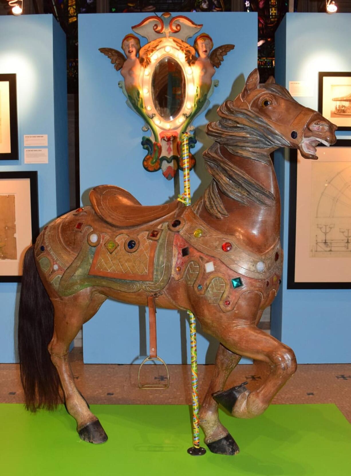 A wooden horse from an amusement park carousel built by William Mangels.