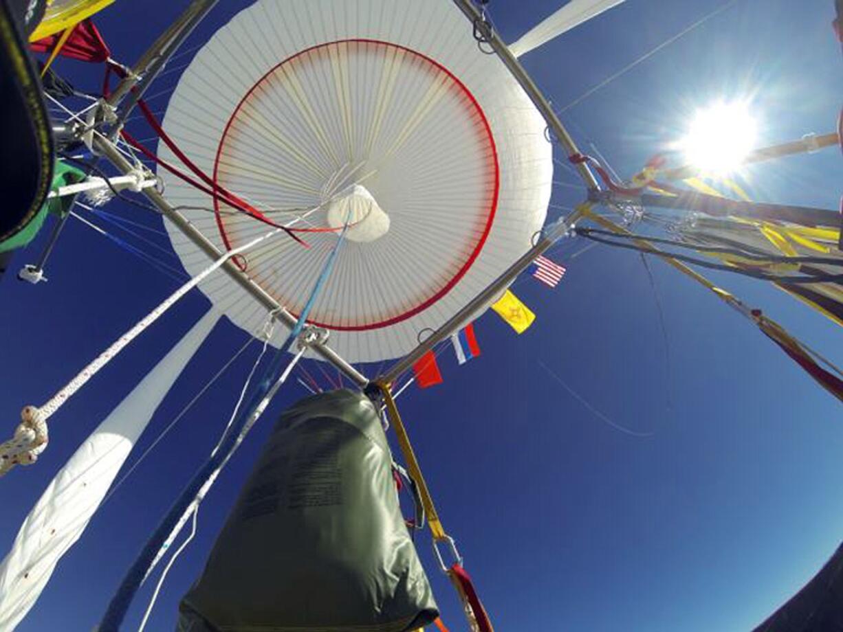 The view upward of the helium-filled ballloon carrying Troy Bradley of Albuquerque and Leonid Tiukhtyaev of Russia as it crosses the Pacific Ocean after taking off from Saga, Japan. The two pilots landed safely off the coast of Mexico early Saturday after an audacious, nearly 7,000-mile-long trip across the Pacific Ocean that shattered two long-standing records for ballooning.