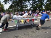 A group of boys takes part in the bed races at Hockinson Fun Days, which will be held May 29-30.