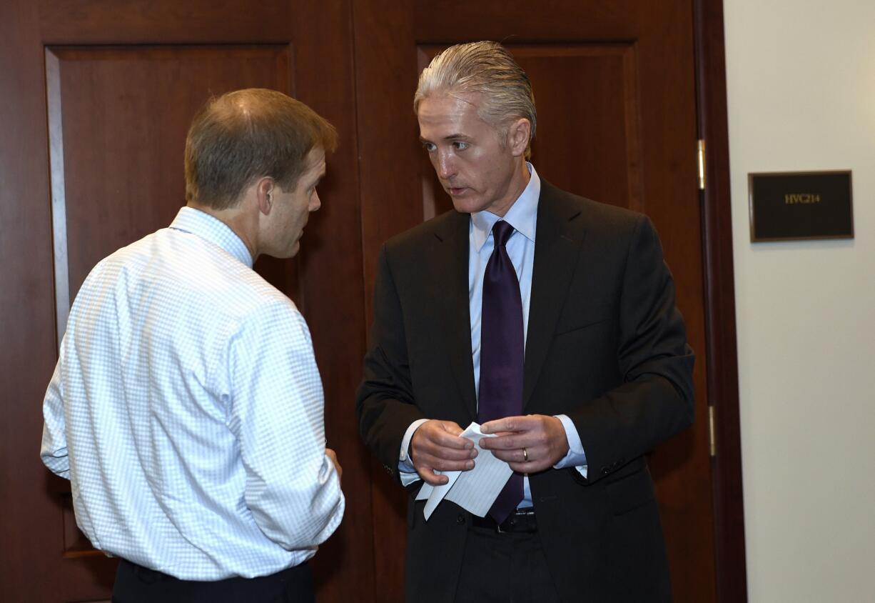 House Select Committee on Benghazi Chairman Rep. Trey Gowdy, R-S.C., right, talks with Rep.