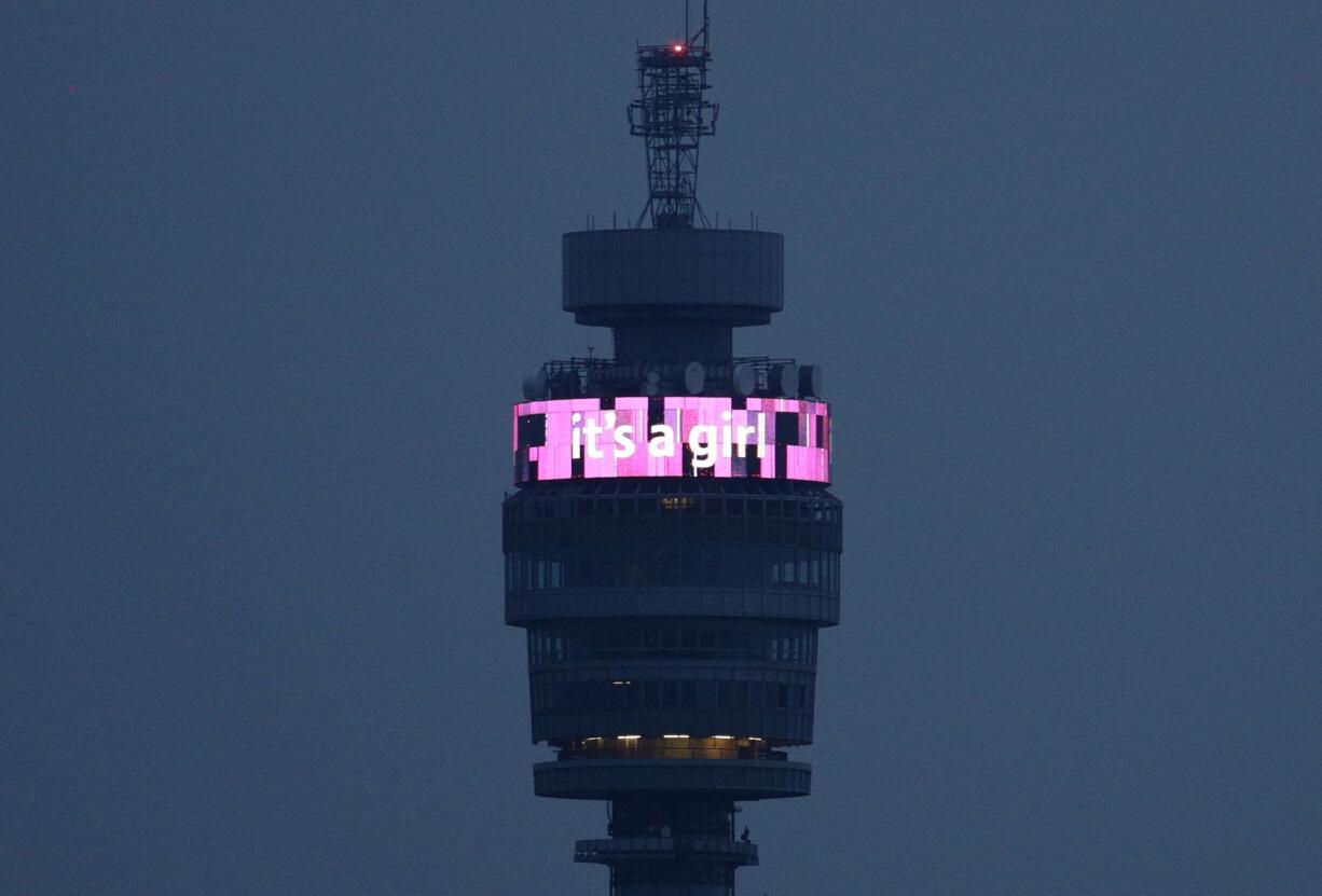 A public announcement message announcing &quot;it's a girl&quot; is displayed on the BT Tower communications building to celebrate the Duke and Duchess of Cambridge's newborn baby Saturday in London. Kate, the Duchess of Cambridge, gave birth to their second child, a daughter, at St.