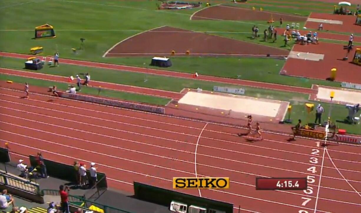 In this frame taken from a web broadcast, Alexa Efraimson finishes fourth in her 1,500 meter qualifying heat Friday at the IAAF World Junior Championships in Eugene, Ore.