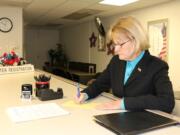 In this photo distributed today on her Twitter account, Clark County Councilor Jeanne Stewart files to run for county chair.