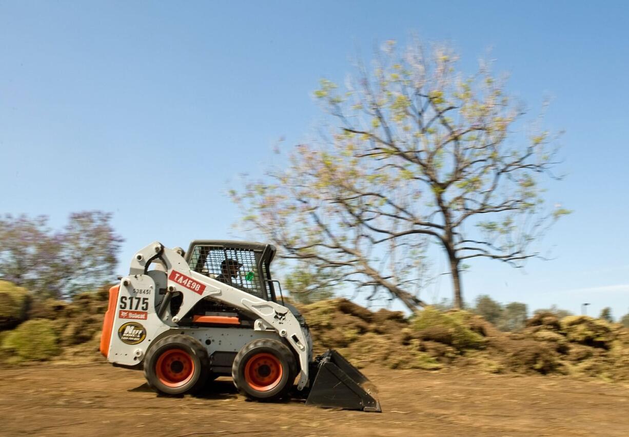 Brandon Amos with JW Landscape zips around on a Bobcat loader Monday as he pulls up the grass at Suzuki headquarters in Brea, Calif. The company will be installing drought-tolerant plants, saving an estimated 700,000 gallons of water a month, said  R.F. Taitano, administrative services manager.