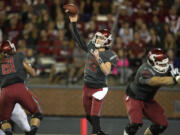 Washington State quarterback Connor Halliday (12) throws a touchdown pass to Vince Mayle against California during the first quarter Saturday, Oct. 4, 2014, at Martin Stadium in Pullman.