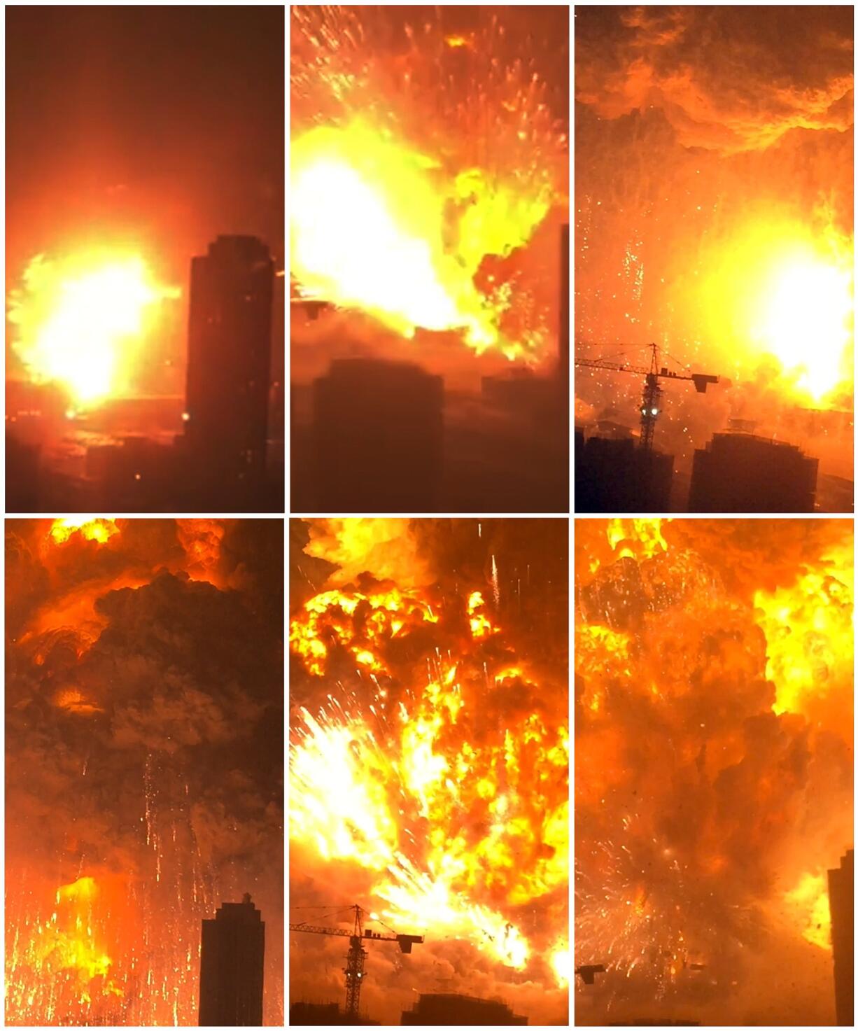 In this combination images taken Wednesday from video provided by Dan Van Duren, a warehouse explodes in Tianjin, China, as filmed from a nearby residential building. Tianjin is the world's 10th largest port.