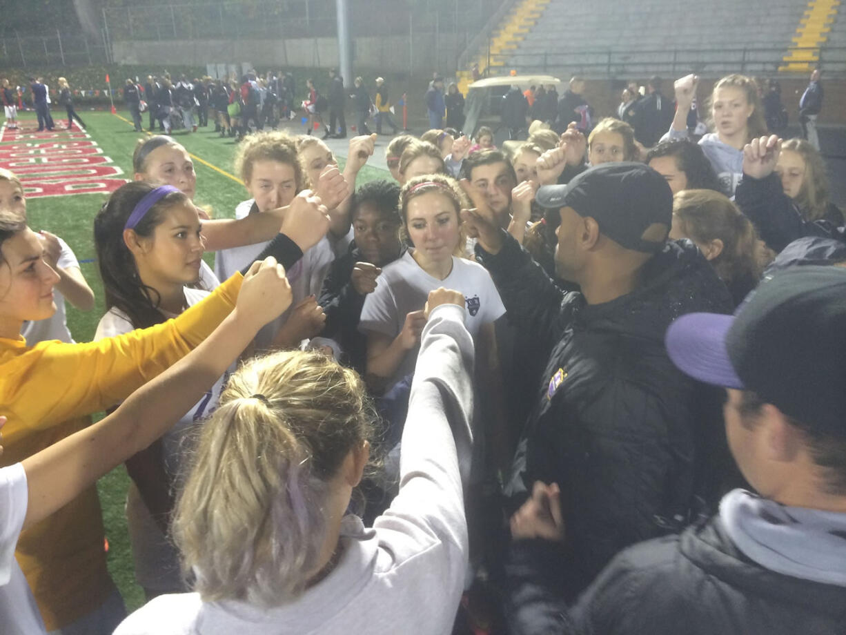 Sophia Keenan, center, and her Columbia River teammates, celebrate their 2-0 win over Kennedy Catholic on Thursday at Kiggins Bowl in the 3A bi-district semifinal.