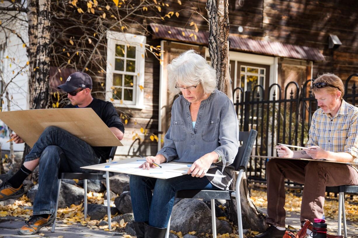 Liam Doran/Breckenridge Creative Arts
Artist Ben Pond, from right, leads students Betsy Williamson and Chris Hosbach in an outdoor drawing workshop at the Breckenridge Arts District in Breckenridge, Colo.