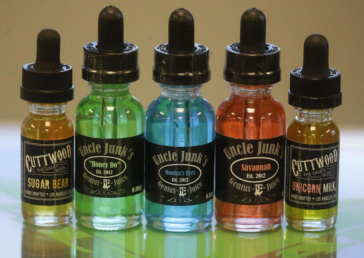 Child-proof refill bottles of liquid nicotine at Salt Lake Vapors in Salt Lake City.