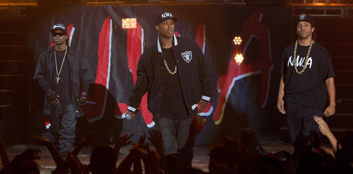 Jason Mitchell, from left, as Eazy-E, Corey Hawkins as Dr. Dre, and O'Shea Jackson Jr.