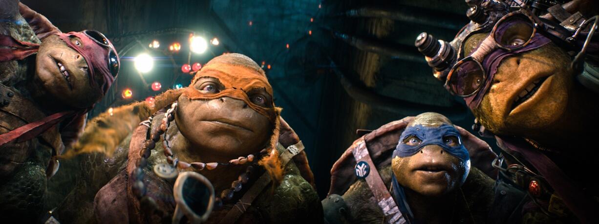 Raphael, from left, Michelangelo, Leonardo and Donatello are the title characters in the new movie &quot;Teenage Mutant Ninja Turtles,&quot; which opened Friday in theaters nationwide.