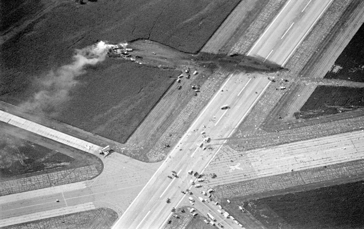 The wreckage of United Airlines Flight 232 lies in a cornfield after it crash landed on July 19, 1989, in Sioux City, Iowa.